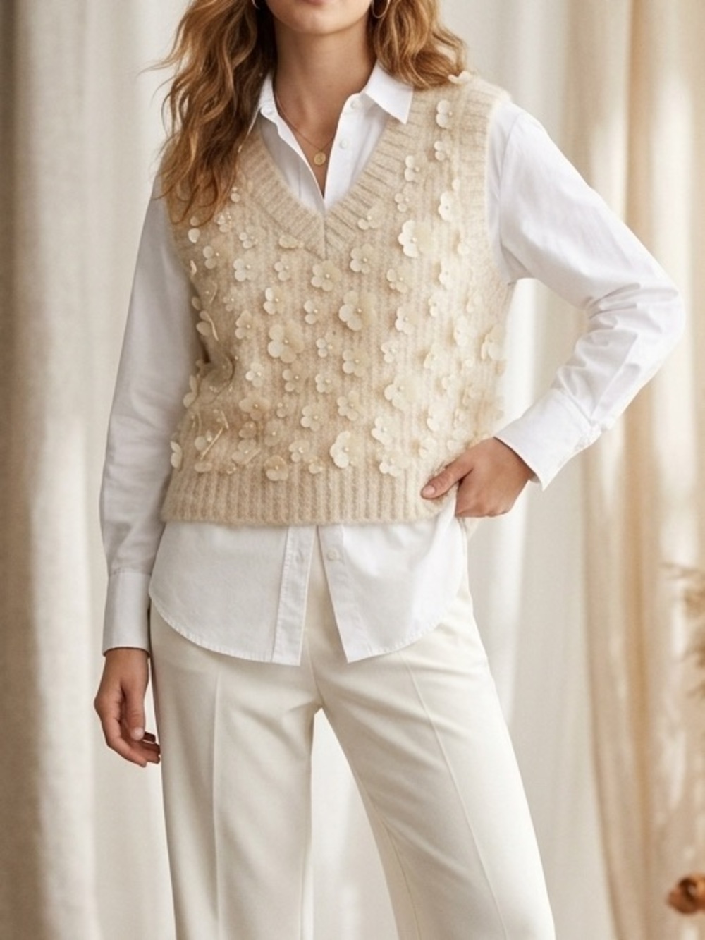 Zara Floral Applique Sweater Vest Womens S Oatmeal Pearl Beaded Cottagecore Top